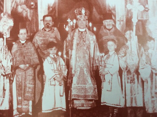 Metropolitan +THEOPHAN (Noli), of the Albanian Orthodox Archdiocese in America accompanied by clergy of the Archdiocese and Altar Boys 